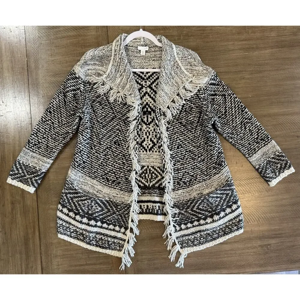 J. Jill Sweater Fringe Trim Open Cardigan Wool Blend Western Chunky Boho Size SP
